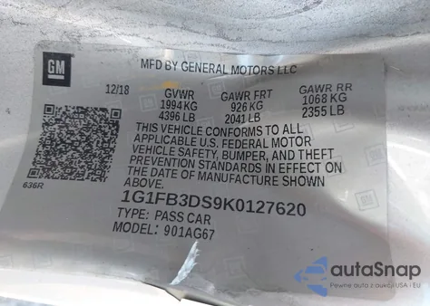 2019 Chevrolet Camaro 1Lt из США, поврежденный, VIN 1G1FB3DS9K0127620